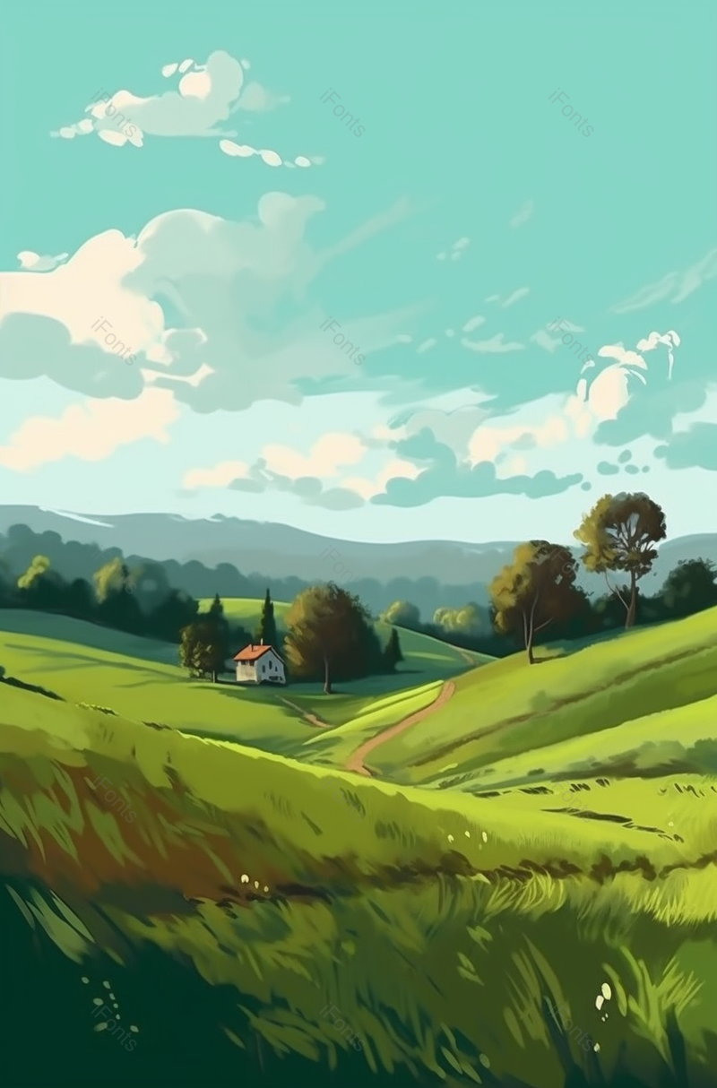 绿色草坪山坡里的房子手绘场景,插画/手绘图,插画/手绘图库,插画/手绘图下载,插画/手绘